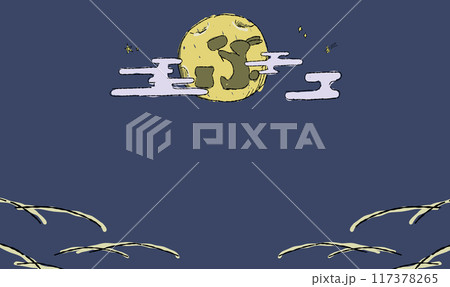 星空のお月見背景イラスト、和柄とともに。ペン画風の手描きタッチ。　月にはうさぎの影。 117378265