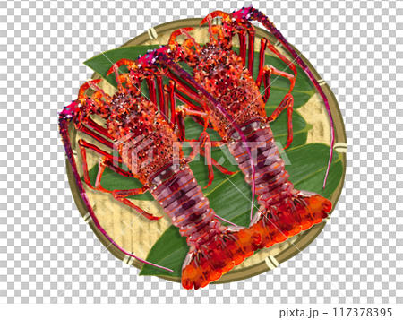 2 spiny lobsters) with colander and bamboo leaves 117378395