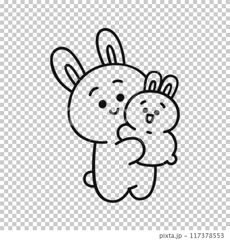 子どもを抱っこするウサギ・線画 117378553