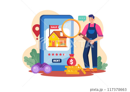 A man finding a house for rent on a mobile app 117378663