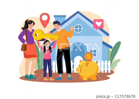 Happy family standing in front of a new house Happy family standing in front of a new house 117378676