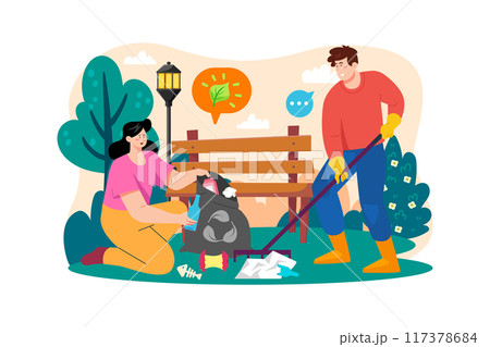 Volunteers are collecting garbage in the park 117378684