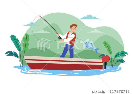 The guy is fishing on the boat The guy is fishing on the boat 117378712