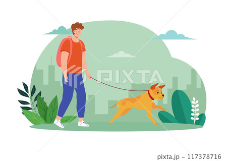 Young man walking with cute dog Young man walking with cute dog 117378716