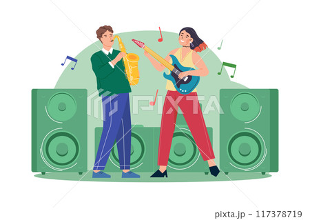 Man with saxophone and woman with guitar Man with saxophone and woman with guitar 117378719