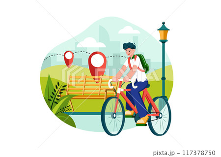 Student with a backpack riding in a park Student with a backpack riding in a park 117378750