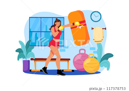 Muscular strong woman boxing in the gym Illustration concept on white background 117378753