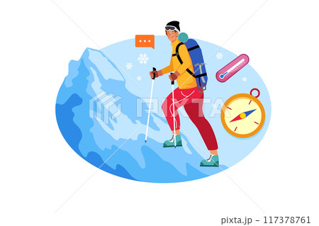 Man character hike high in mountains in winter Illustration concept on white background Man character hike high in mountains in winter Illustration concept on white background 117378761