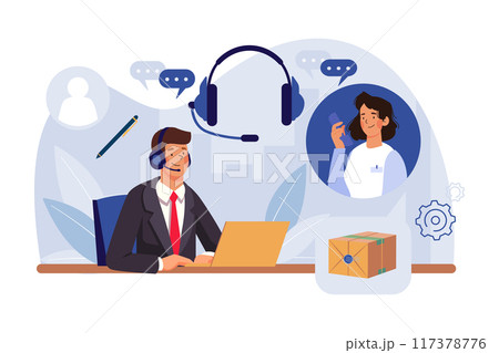 Businessman Wearing Headset Talking to a caller in Customer Services Center 117378776