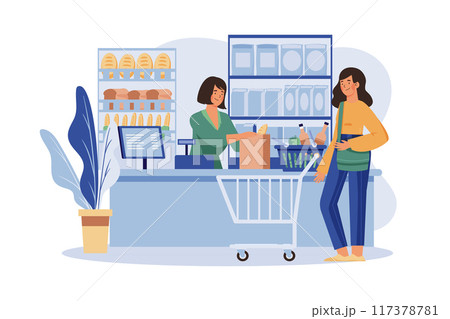 Shop Assistant Handling Shopping Bag to Female Customer in Grocery Store 117378781