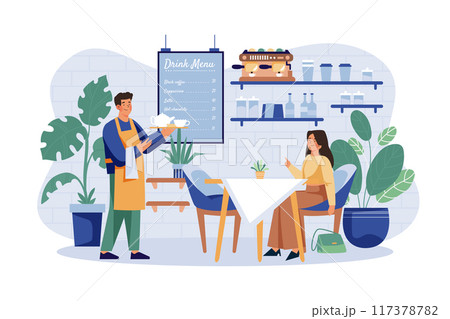 Young Handsome Waiter Servicing Girl Customer in Cafe Young Handsome Waiter Servicing Girl Customer in Cafe 117378782