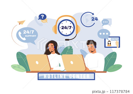 Call center agent with headset working on support hotline 117378784