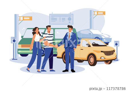 Happy customers couple handshaking with a manager in an auto salon 117378786