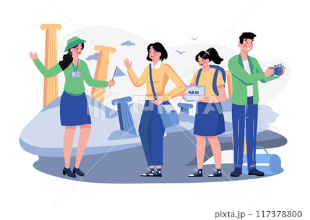 Tour guide lady and group of tourists Tour guide lady and group of tourists 117378800