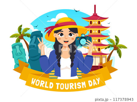 World Tourism Day Vector Illustration featuring a Globe and Famous Landmarks, Architectural Monuments, and National Statues in a Cartoon Background 117378943