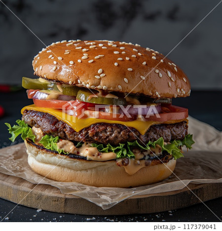 Close-up of a mouthwatering cheeseburger with fresh lettuce, tomato, pickles, and onions on a sesame seed bun... 117379041