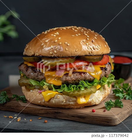 Close-up of a mouthwatering cheeseburger with fresh lettuce, tomato, pickles, and onions on a sesame seed bun... 117379042