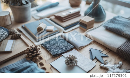 A beautifully arranged creative workspace featuring various textiles, design materials, and natural elements, ideal for interior design projects and inspiration.. A beautifully arranged creative workspace featuring various textiles, design materials, and natural elements, ideal for interior design projects and inspiration.. 117379501