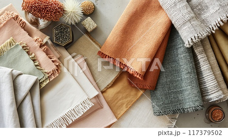 A beautifully arranged creative workspace featuring various textiles, design materials, and natural elements, ideal for interior design projects and inspiration.. A beautifully arranged creative workspace featuring various textiles, design materials, and natural elements, ideal for interior design projects and inspiration.. 117379502