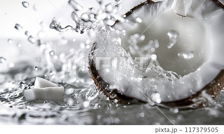 Close-up of a coconut splashing in water, capturing the dynamic motion of water droplets and the fresh, tropical feel.. Close-up of a coconut splashing in water, capturing the dynamic motion of water droplets and the fresh, tropical feel.. 117379505