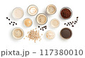 Flat lay of various coffee beverages, beans, and powdered ingredients on a white background, showcasing diverse coffee preparations.. 117380010