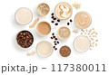 Flat lay of various coffee beverages, beans, and powdered ingredients on a white background, showcasing diverse coffee preparations.. 117380011