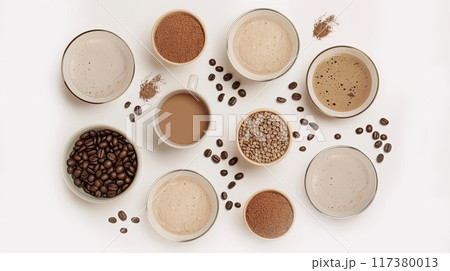 Flat lay of various coffee beverages, beans, and powdered ingredients on a white background, showcasing diverse coffee preparations.. 117380013