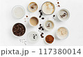 Flat lay of various coffee beverages, beans, and powdered ingredients on a white background, showcasing diverse coffee preparations.. 117380014