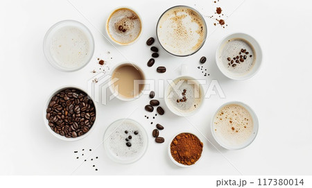 Flat lay of various coffee beverages, beans, and powdered ingredients on a white background, showcasing diverse coffee preparations.. Flat lay of various coffee beverages, beans, and powdered ingredients on a white background, showcasing diverse coffee preparations.. 117380014