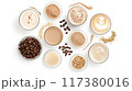 Flat lay of various coffee beverages, beans, and powdered ingredients on a white background, showcasing diverse coffee preparations.. 117380016