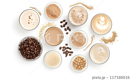 Flat lay of various coffee beverages, beans, and powdered ingredients on a white background, showcasing diverse coffee preparations.. Flat lay of various coffee beverages, beans, and powdered ingredients on a white background, showcasing diverse coffee preparations.. 117380016
