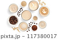 Flat lay of various coffee beverages, beans, and powdered ingredients on a white background, showcasing diverse coffee preparations.. 117380017