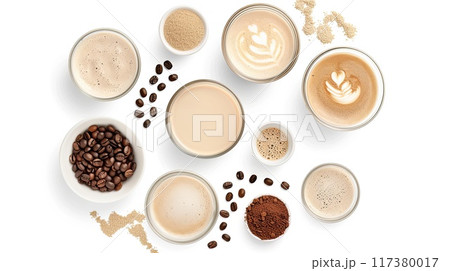 Flat lay of various coffee beverages, beans, and powdered ingredients on a white background, showcasing diverse coffee preparations.. 117380017