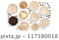 Flat lay of various coffee beverages, beans, and powdered ingredients on a white background, showcasing diverse coffee preparations.. 117380018