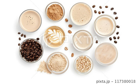 Flat lay of various coffee beverages, beans, and powdered ingredients on a white background, showcasing diverse coffee preparations.. Flat lay of various coffee beverages, beans, and powdered ingredients on a white background, showcasing diverse coffee preparations.. 117380018