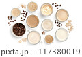 Flat lay of various coffee beverages, beans, and powdered ingredients on a white background, showcasing diverse coffee preparations.. 117380019