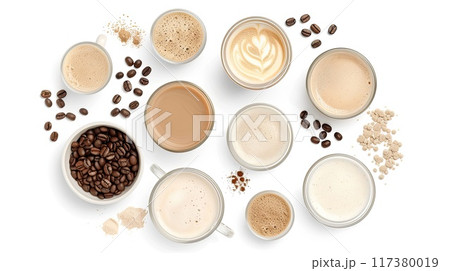 Flat lay of various coffee beverages, beans, and powdered ingredients on a white background, showcasing diverse coffee preparations.. 117380019