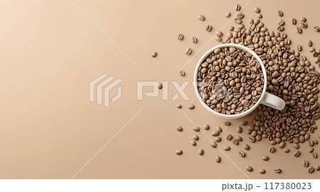 White to-go coffee cup placed on a bed of roasted coffee beans, highlighting the freshness and abundance of coffee.. White to-go coffee cup placed on a bed of roasted coffee beans, highlighting the freshness and abundance of coffee.. 117380023