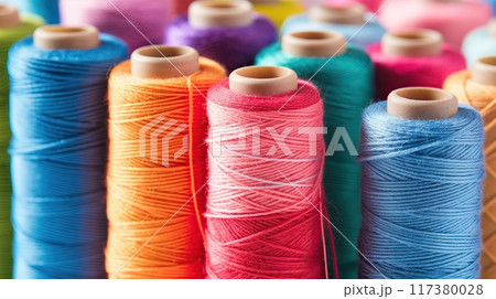 Close-up view of various colorful spools of thread arranged vertically, showcasing vibrant shades and textures for sewing projects.. 117380028
