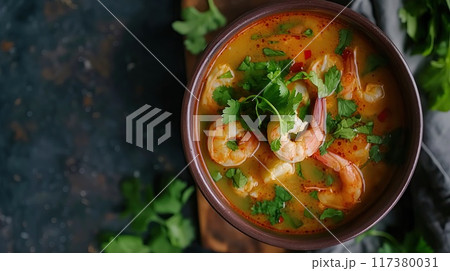 A flavorful bowl of spicy shrimp soup garnished with fresh cilantro and chili peppers, served with lime wedges on the side.. A flavorful bowl of spicy shrimp soup garnished with fresh cilantro and chili peppers, served with lime wedges on the side.. 117380031