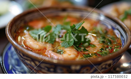 A flavorful bowl of spicy shrimp soup garnished with fresh cilantro and chili peppers, served with lime wedges on the side.. A flavorful bowl of spicy shrimp soup garnished with fresh cilantro and chili peppers, served with lime wedges on the side.. 117380032