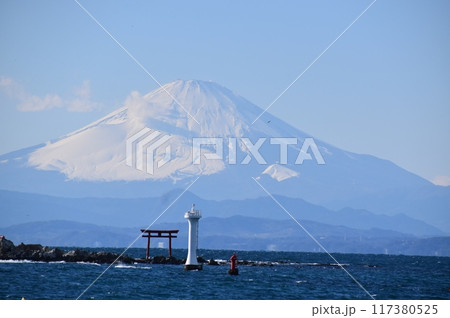 正月の富士山をバックにして海上に浮かぶ森戸神社名島 117380525