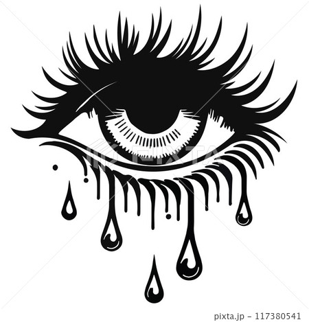 crying eye with long lashes, tears dripping down face 117380541
