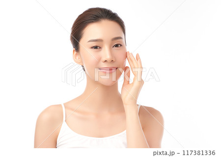Beautiful young asian woman with clean fresh skin on white background, Face care, Facial treatment, Cosmetology, beauty and spa, Asian women portrait. Beautiful young asian woman with clean fresh skin on white background, Face care, Facial treatment, Cosmetology, beauty and spa, Asian women portrait. 117381336