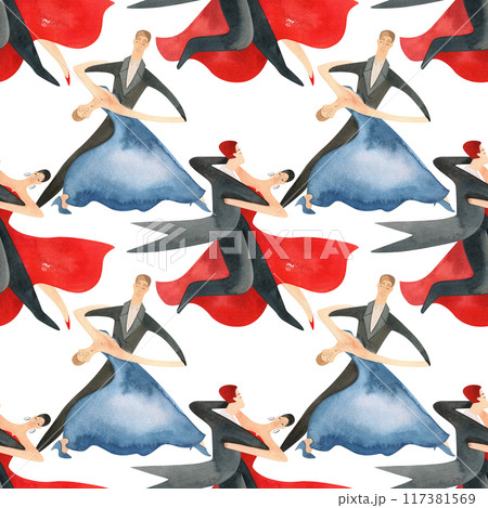 Ballroom dancing, standard. Adult couples on the parquet. Isolated watercolor illustration. Seamless pattern. White background Ballroom dancing, standard. Adult couples on the parquet. Isolated watercolor illustration. Seamless pattern. White background 117381569