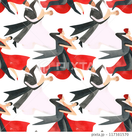 Ballroom dancing, standard. Adult couples on the parquet. Isolated watercolor illustration. Seamless pattern. White background 117381570