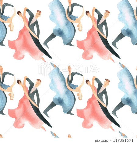 Ballroom dancing, standard. Adult couples on the parquet. Isolated watercolor illustration. Seamless pattern. White background 117381571