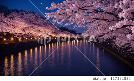 川沿いのライトアップされた美しい夜桜 117381886
