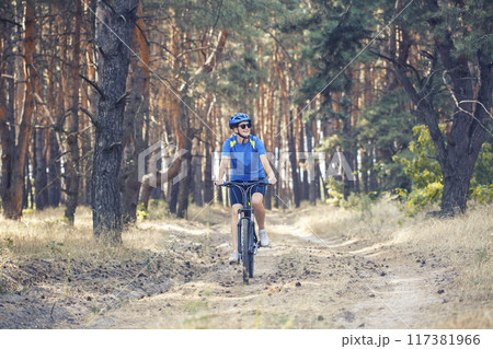 woman cyclist rides in the pine forest on a mountain bike. woman cyclist rides in the pine forest on a mountain bike. 117381966