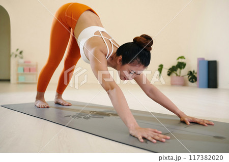 Young Woman Practicing Downward Facing Dog Yoga Pose 117382020